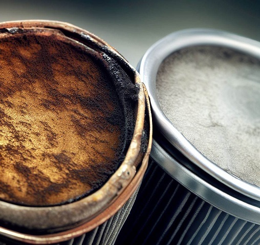 close up of a used and dirty oil filter juxtaposed with a brand new clean one